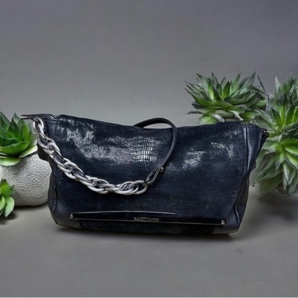 Elliott Lucca Handbags - 🔥Elliott Lucca Black Leather faux calf hair crocodile print half chain Bag